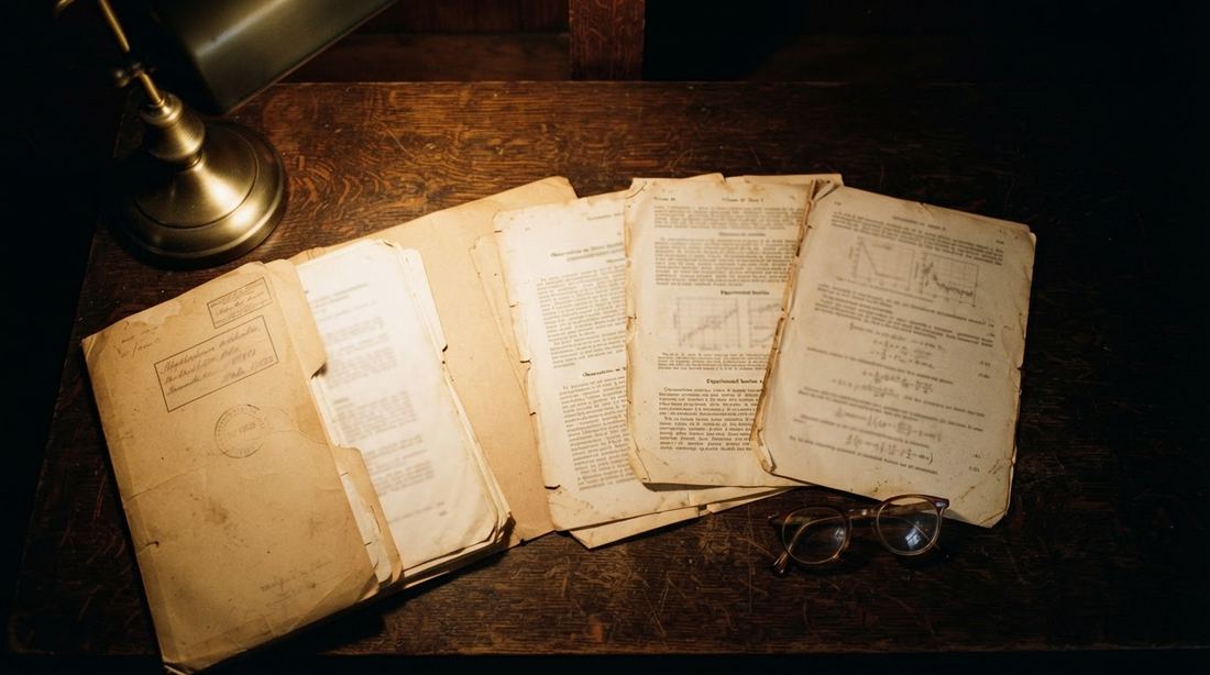 Aged scientific journal pages and archive folders spread on a dark wooden desk